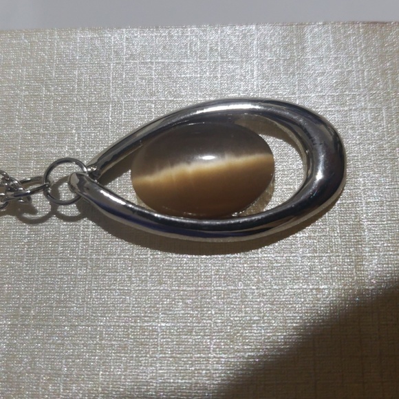 Silver tone Brown Stone Hoop Pendant Necklace & Earrings Set - Women's Jewelry - Picture 7 of 8